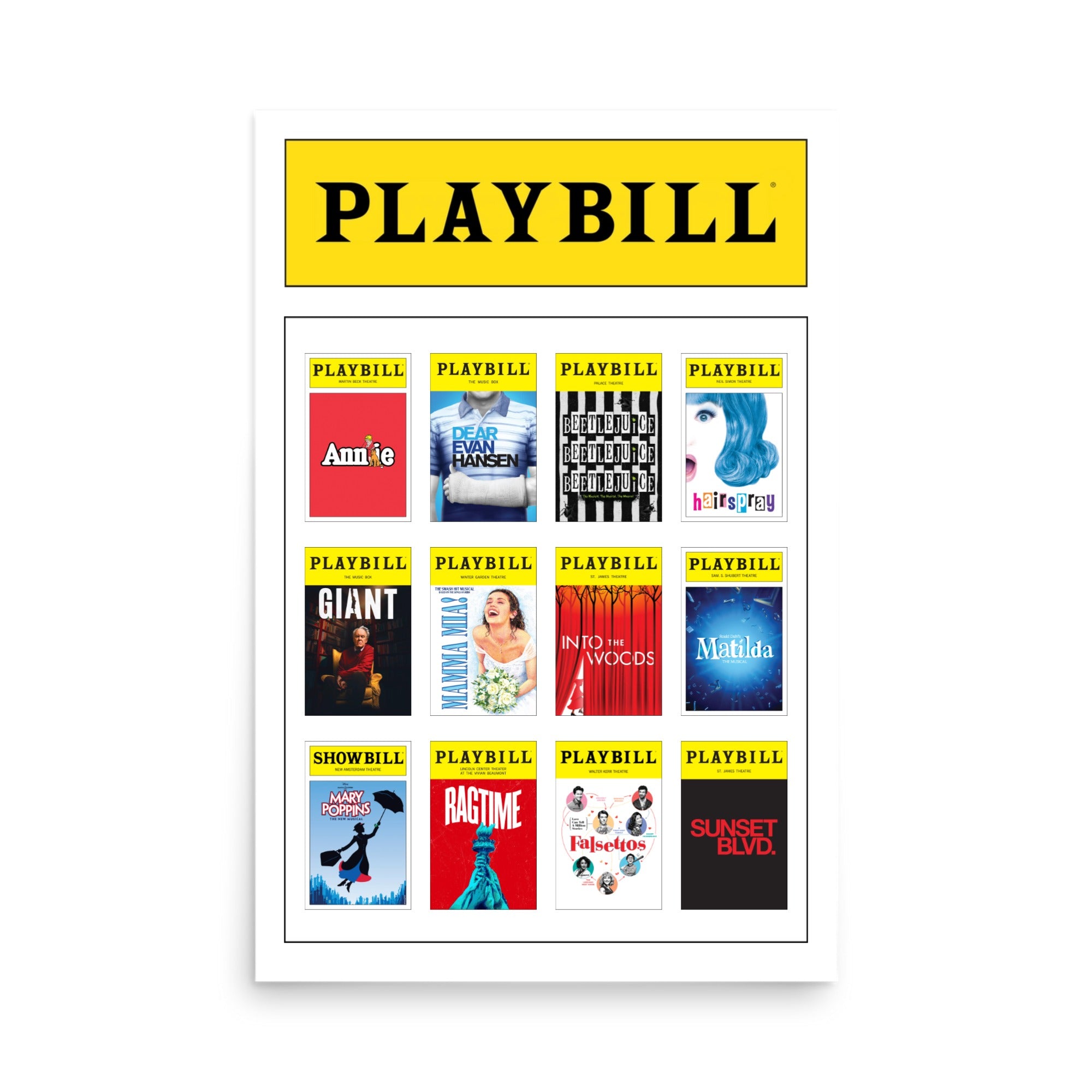 Custom Playbill Poster with 12 Playbill Covers - Choose your favorite Playbill covers and create your own 24" x 36" poster.